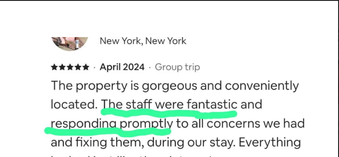 Airbnb review — April 2024, 5 stars, New York