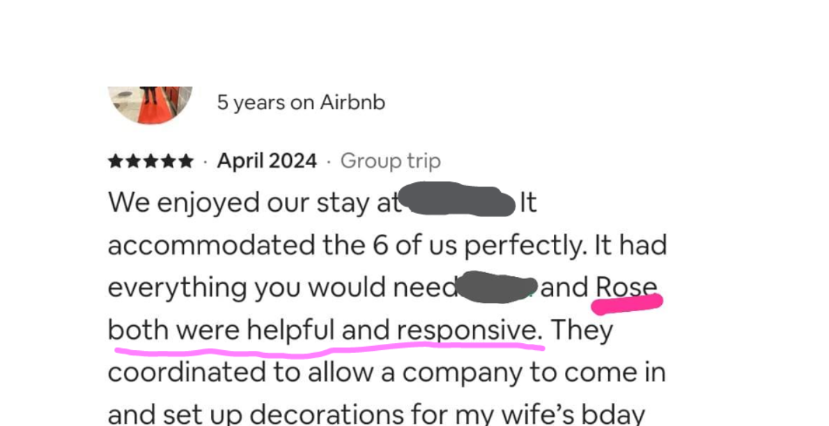 Airbnb review — April 2024, 5 stars, Group trip