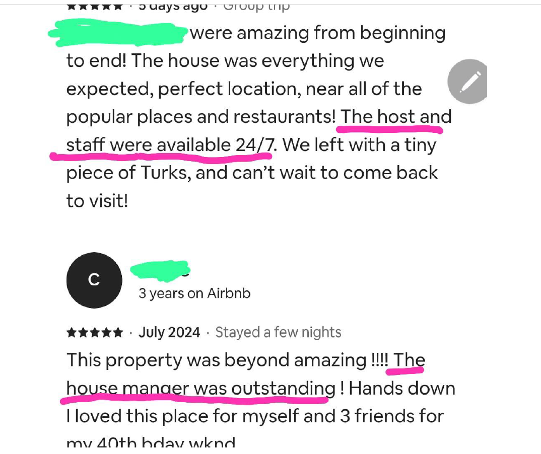 Airbnb reviews — multiple 5-star guest testimonials